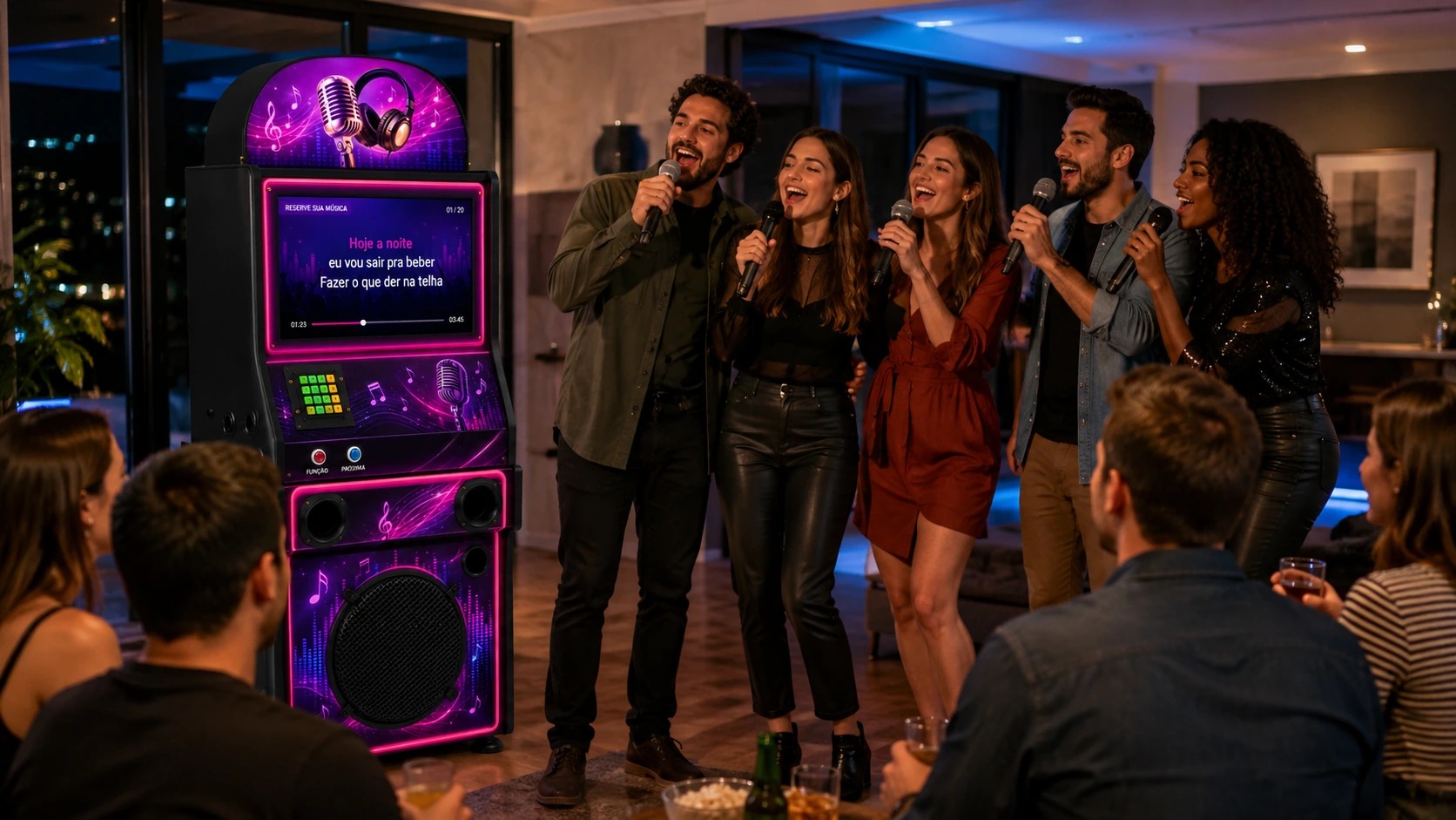 Amigos cantando diante do karaokê PKaraokê