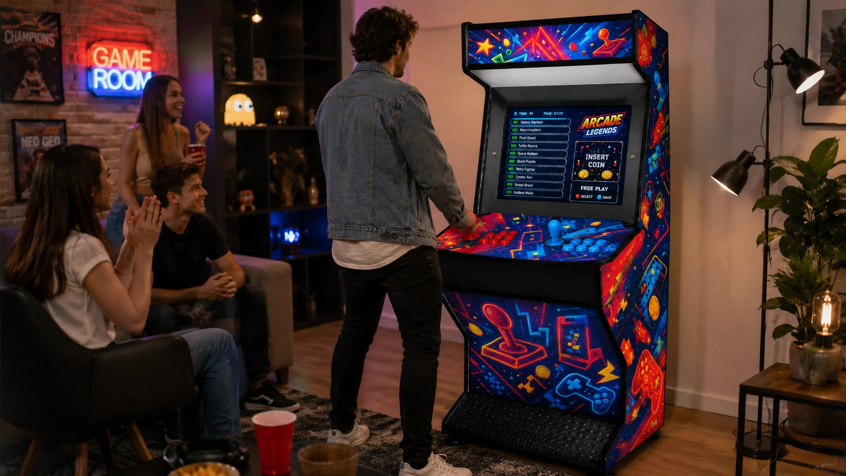Amigos jogando no fliperama arcade PKaraokê