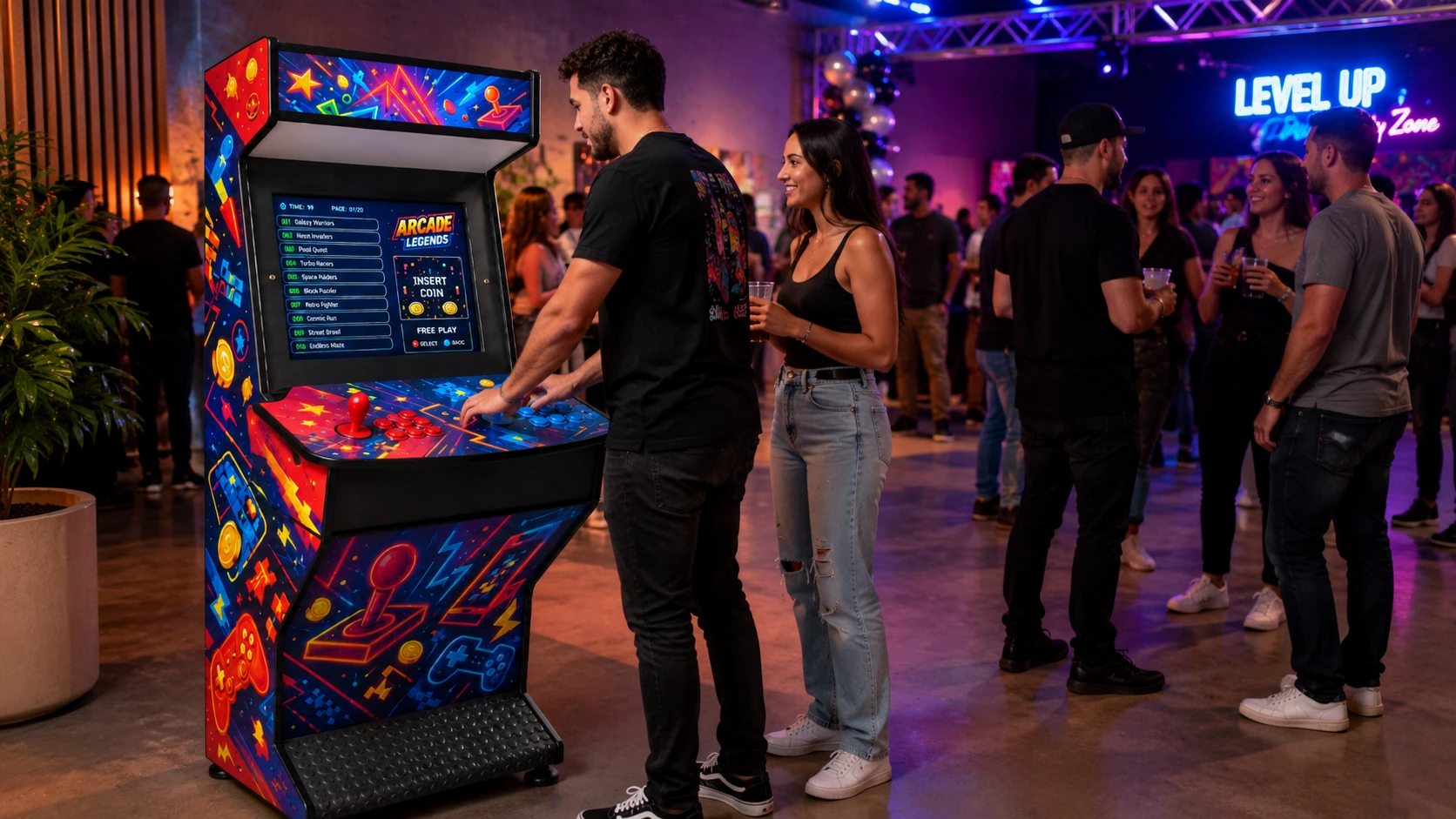 Fliperama arcade em evento com pessoas jogando